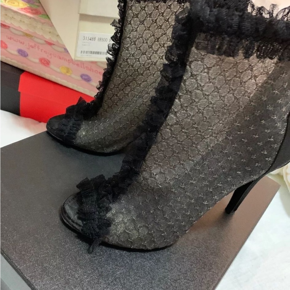 Chanel peep toe Black High Heeled Mesh Boots with Trim